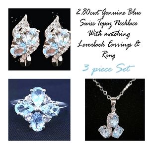 FULL SET GENUINE BLUE SWISS TOPAZ NECKLACE SET W LEVERBACK EARRINGS & RING 7.5